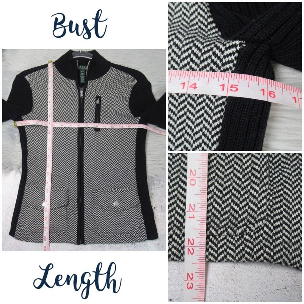 LAUREN RALPH LAUREN Zip Front Cardigan Ribbed Herringbone Mock Neck Sweater - S - Picture 11 of 12